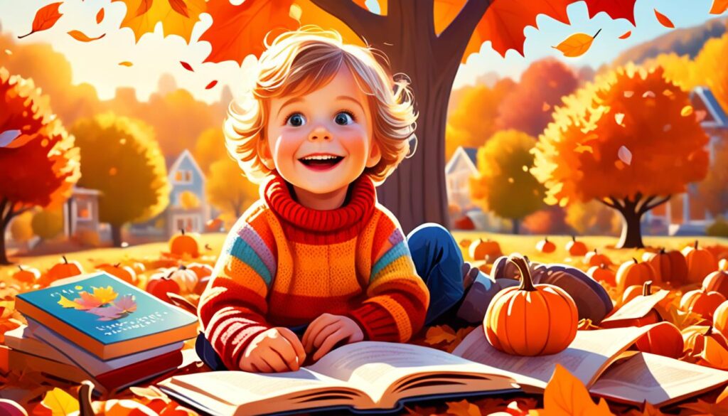 Child reading autumn-themed book