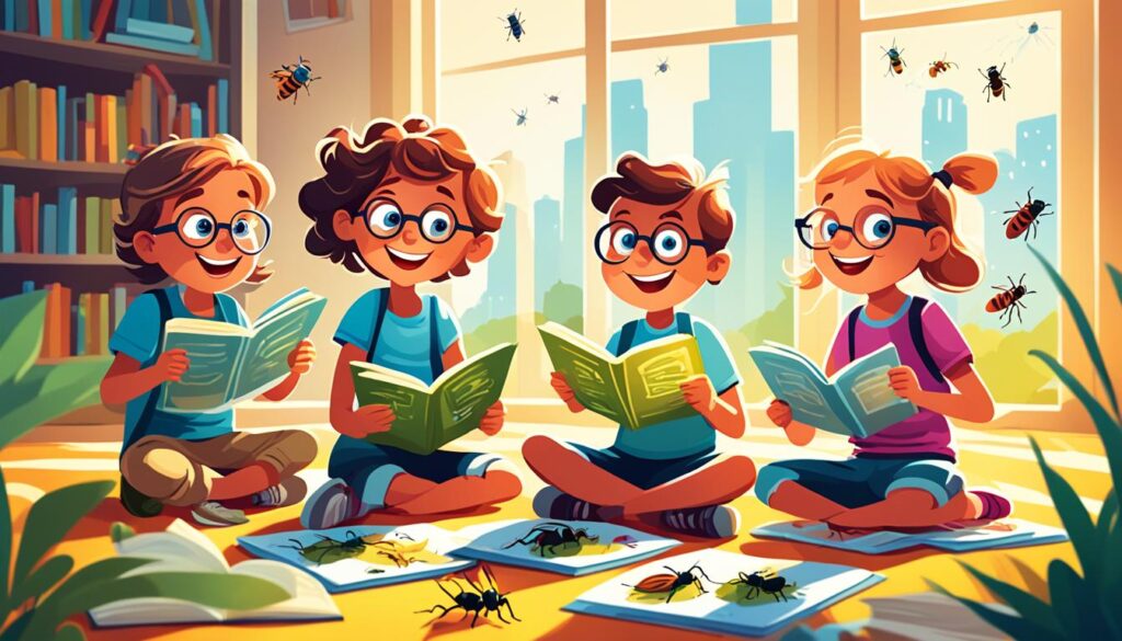 Children reading insect books for kids
