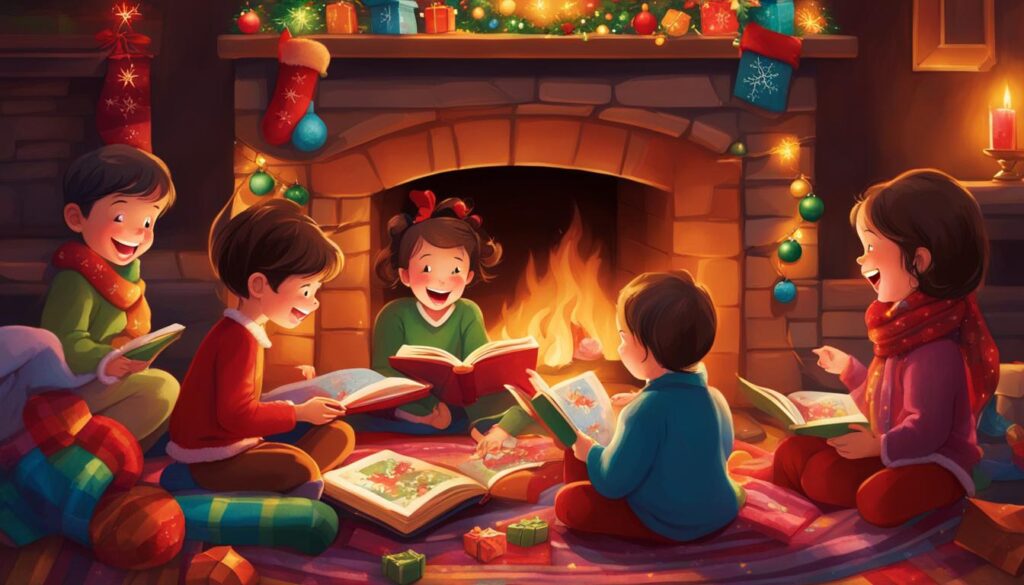 Kids laughing over Christmas books