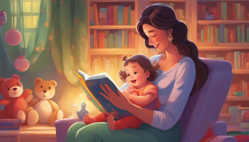 Mother reading nursery rhyme book to infant