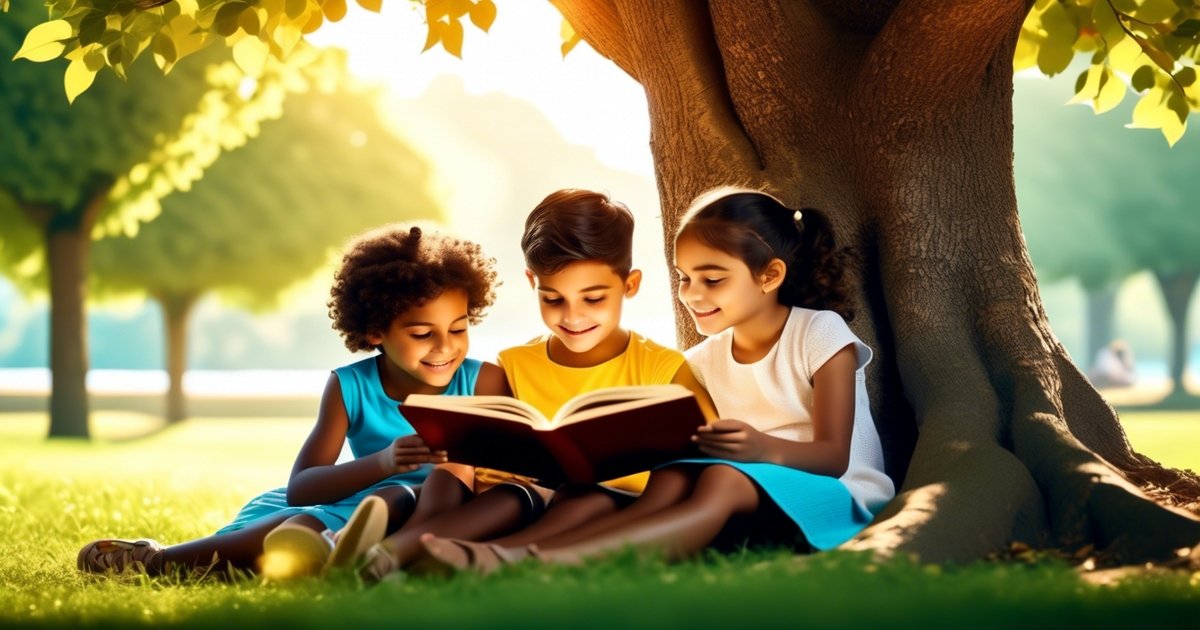 kids reading a book under the tree
